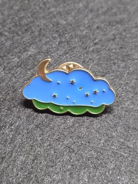 **Gold Moon Night Sky Cloud Enamel Pin - Blue & Green**